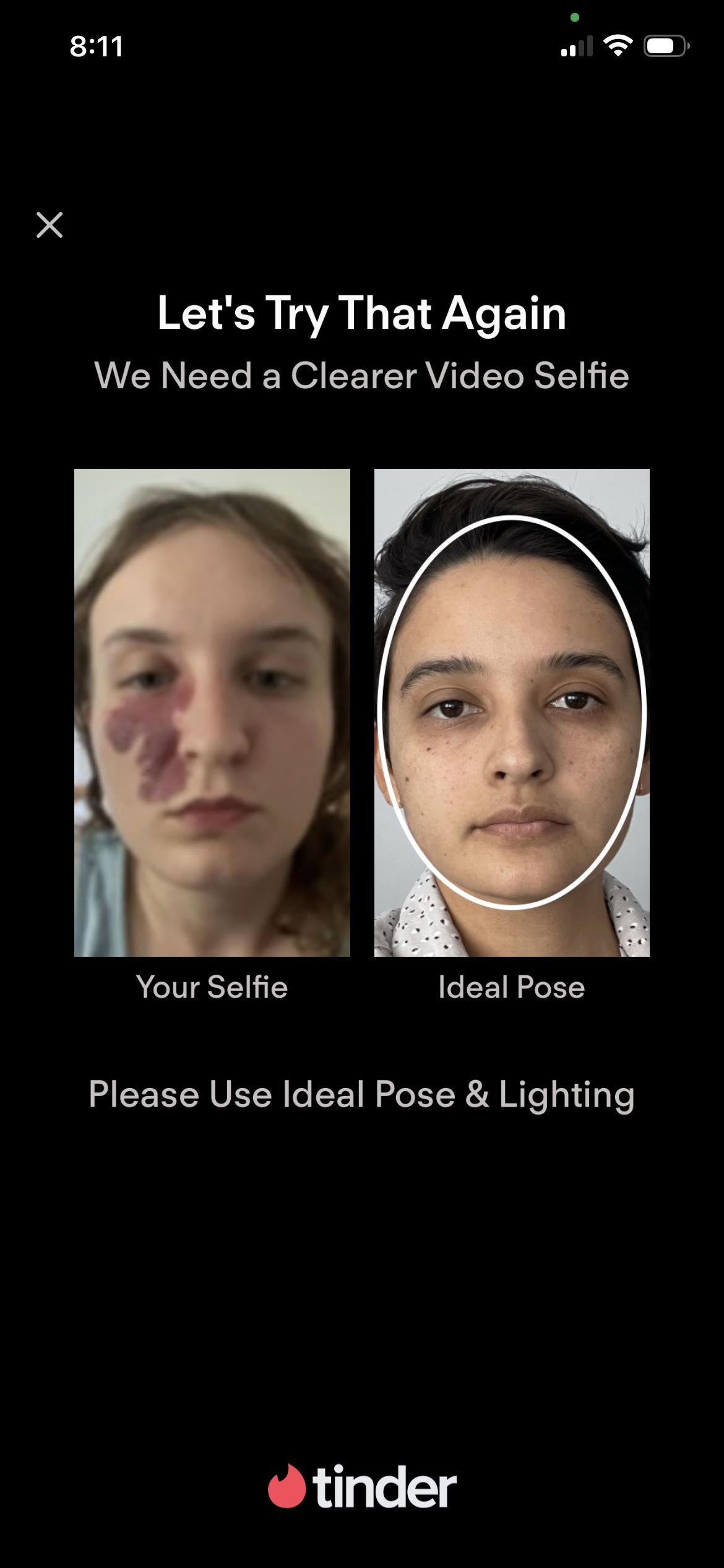 a screenshot depicting tinder's AI not recognizing Jude Silvertree's face due to her birthmark
